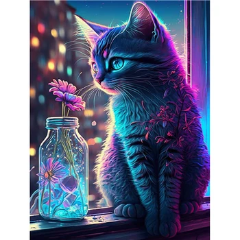 YI ЯРКОЕ животное, полная квадратная алмазная роспись, кошка, окно, мозаика, цветок, картина из горного хрусталя, настенная живопись, произведение искусства