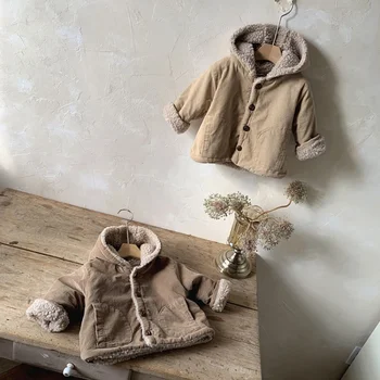 Детское пальто с капюшоном, Вельветовая куртка для мальчика с подкладкой из овечьей шерсти 2023, Зимнее новое пальто с капюшоном для девочки, повседневное пальто-кардиган