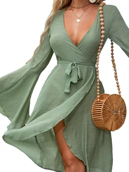 Стильная женская накидка с длинным рукавом и V-образным вырезом и завязкой на талии для повседневной пляжной одежды - идеальная летняя мода
