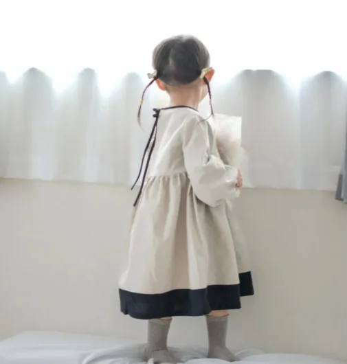 Детские платья для девочек 2023 года, Льняные платья в японском стиле, Весна-осень, Подходящие по цвету, Универсальные, Плиссированные, С круглым вырезом И Поясом Трапециевидной формы 2
