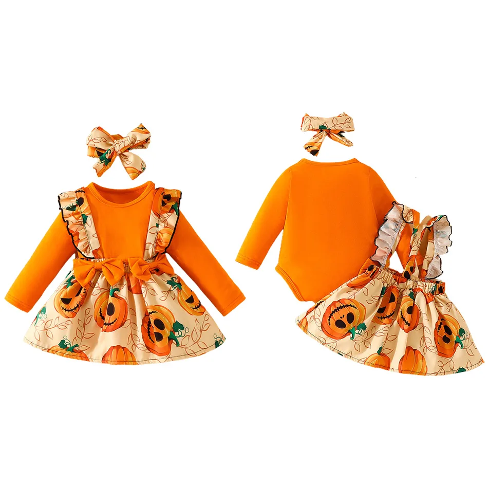Детский комбинезон с длинными рукавами, юбка с ремешком в виде тыквы, головной платок, комплект из трех предметов, боди с тыквой для девочек, детский костюм на Хэллоуин 0