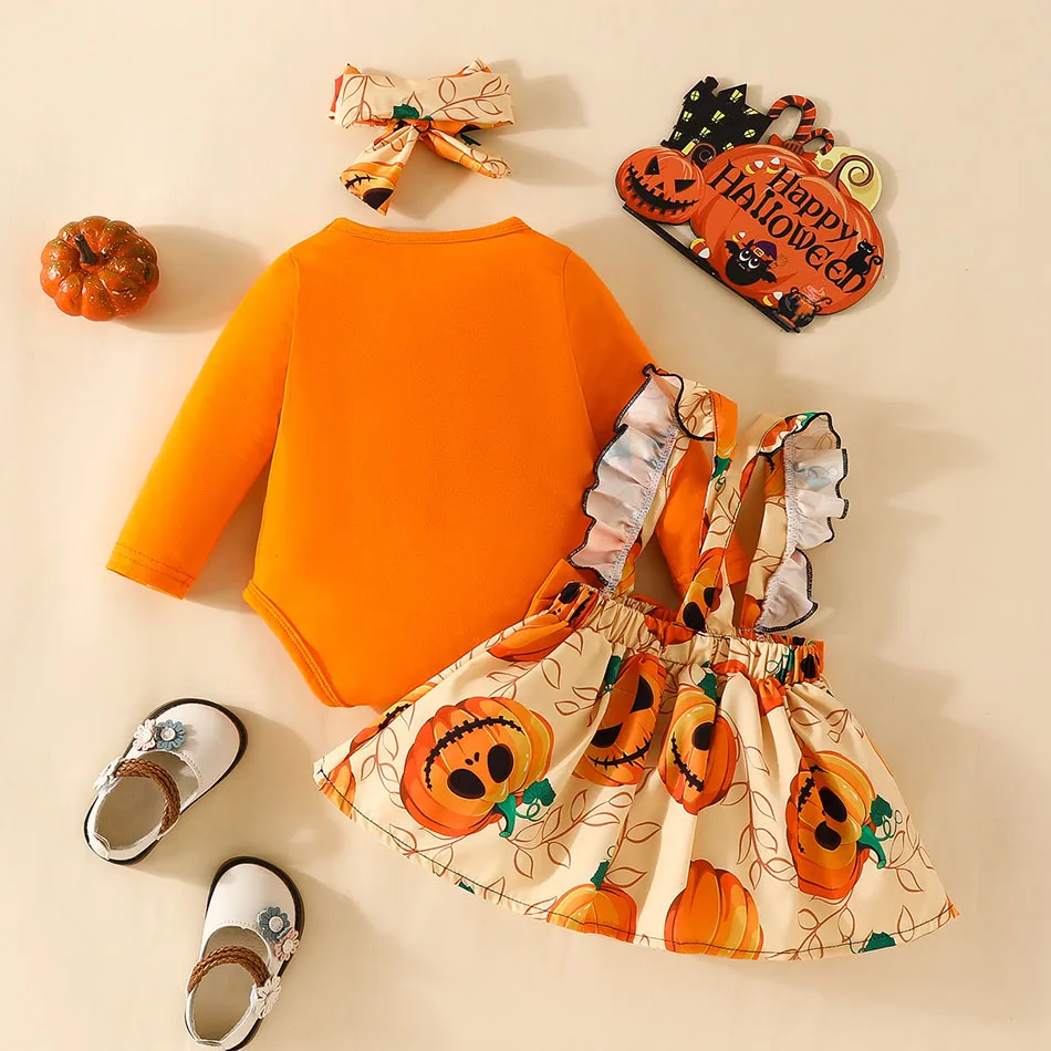 Детский комбинезон с длинными рукавами, юбка с ремешком в виде тыквы, головной платок, комплект из трех предметов, боди с тыквой для девочек, детский костюм на Хэллоуин 1