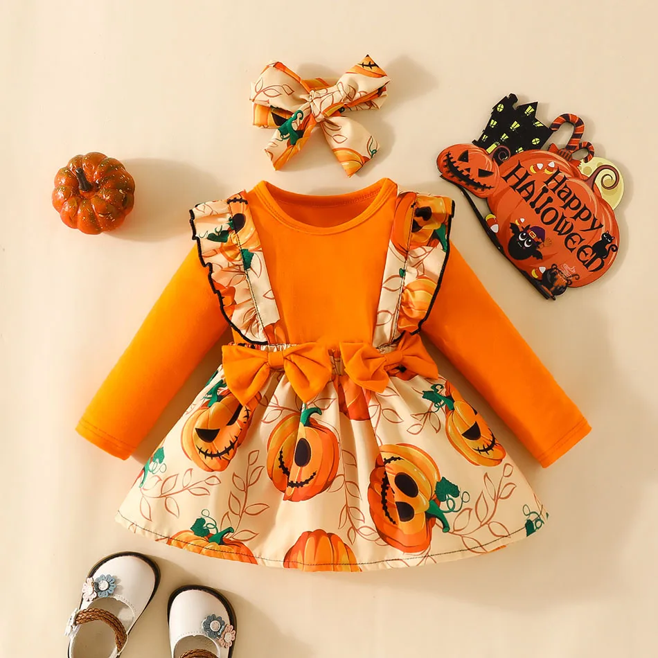Детский комбинезон с длинными рукавами, юбка с ремешком в виде тыквы, головной платок, комплект из трех предметов, боди с тыквой для девочек, детский костюм на Хэллоуин 3