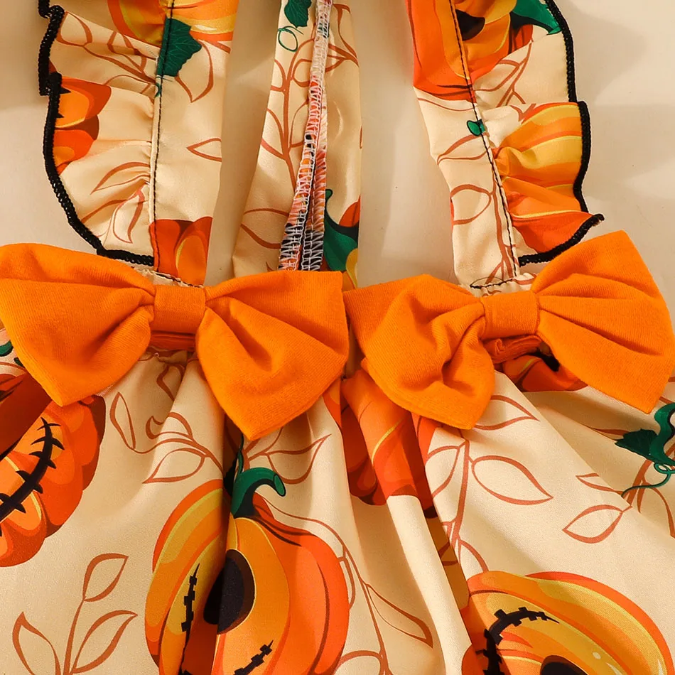 Детский комбинезон с длинными рукавами, юбка с ремешком в виде тыквы, головной платок, комплект из трех предметов, боди с тыквой для девочек, детский костюм на Хэллоуин 5