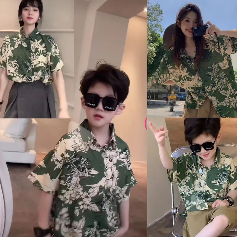 Одежда для родителей и детей, Новая семейная тройка, летняя Детская пляжная Корейская версия, рубашка с короткими рукавами для девочек, ретро-топ 0