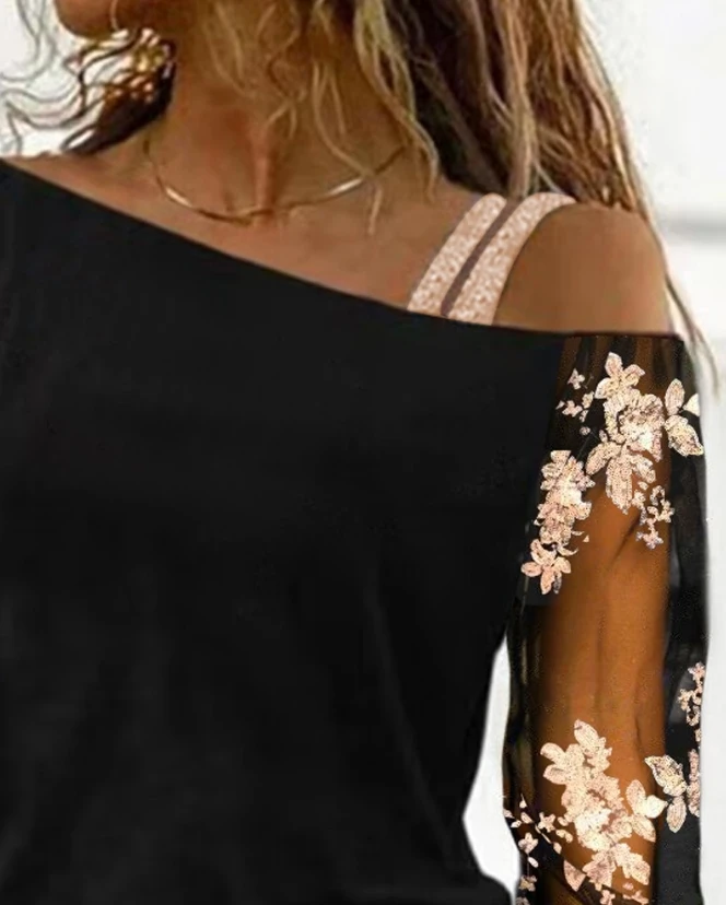 Женский модный топ с открытыми плечами с цветочными блестками, полупрозрачная сетчатая нашивка, Темпераментная новая женская повседневная футболка с длинным рукавом 1