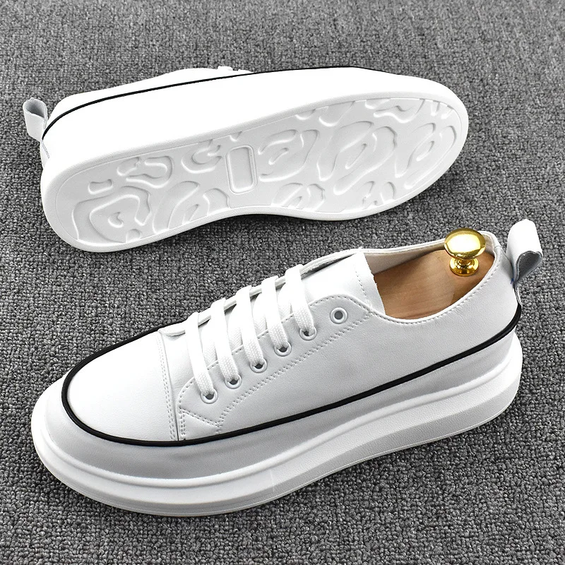 Мужская повседневная оригинальная кожаная обувь в корейском стиле на плоской подошве со шнуровкой, дышащие белые кроссовки на платформе, молодежная уличная обувь для мужчин 3