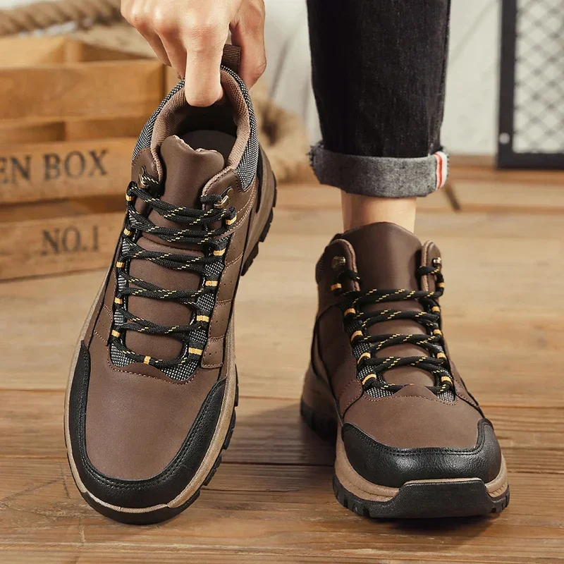 Осенние новые мужские кроссовки с высоким берцем 2023, Новая модная обувь на платформе со шнуровкой для мужчин, уличная противоскользящая мужская повседневная походная обувь 3
