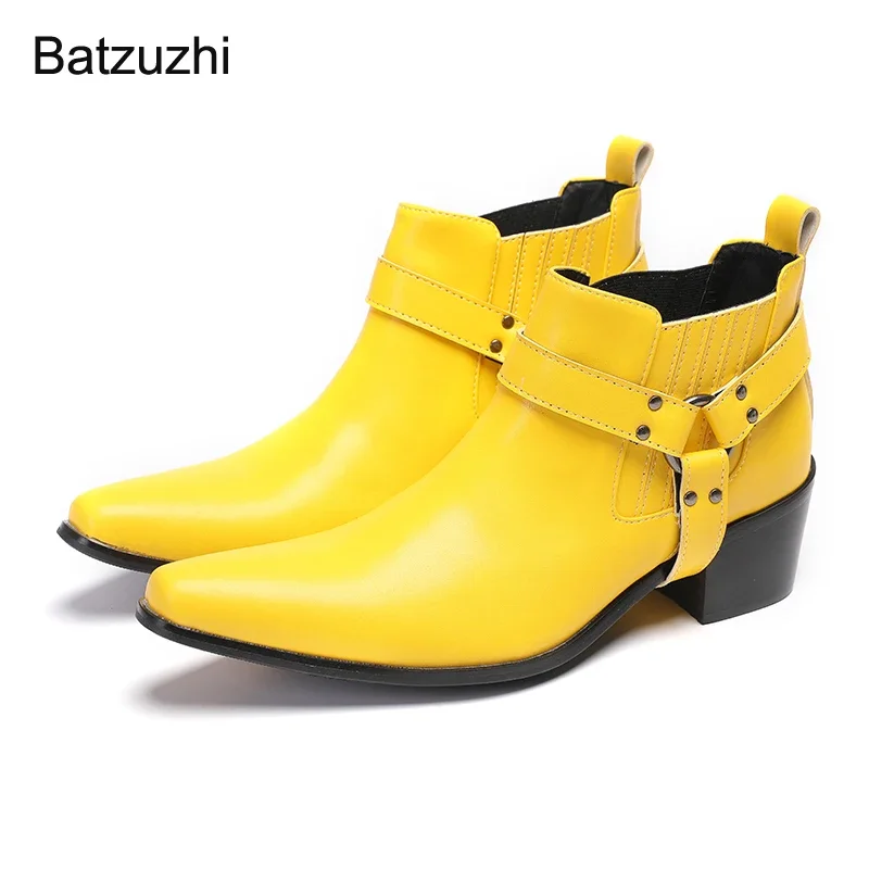 Batzuzhi/ Желтые Мужские Ковбойские ботинки На высоком Каблуке 6,5 см, Кожаные Ботильоны с острым носком для Мужчин, Деловые/Вечерние, Большие Размеры 37-47 0