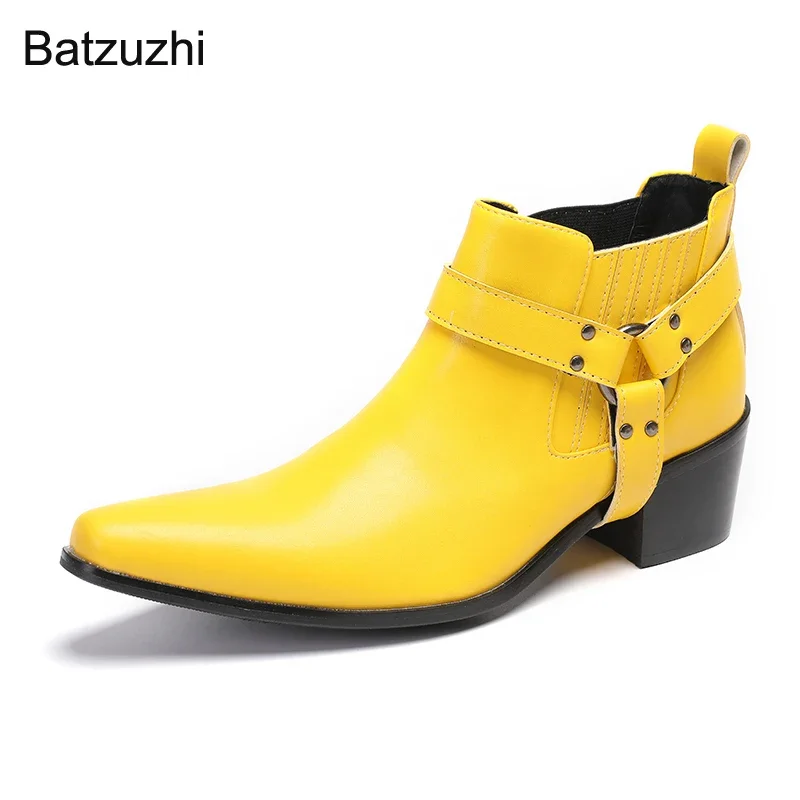 Batzuzhi/ Желтые Мужские Ковбойские ботинки На высоком Каблуке 6,5 см, Кожаные Ботильоны с острым носком для Мужчин, Деловые/Вечерние, Большие Размеры 37-47 1