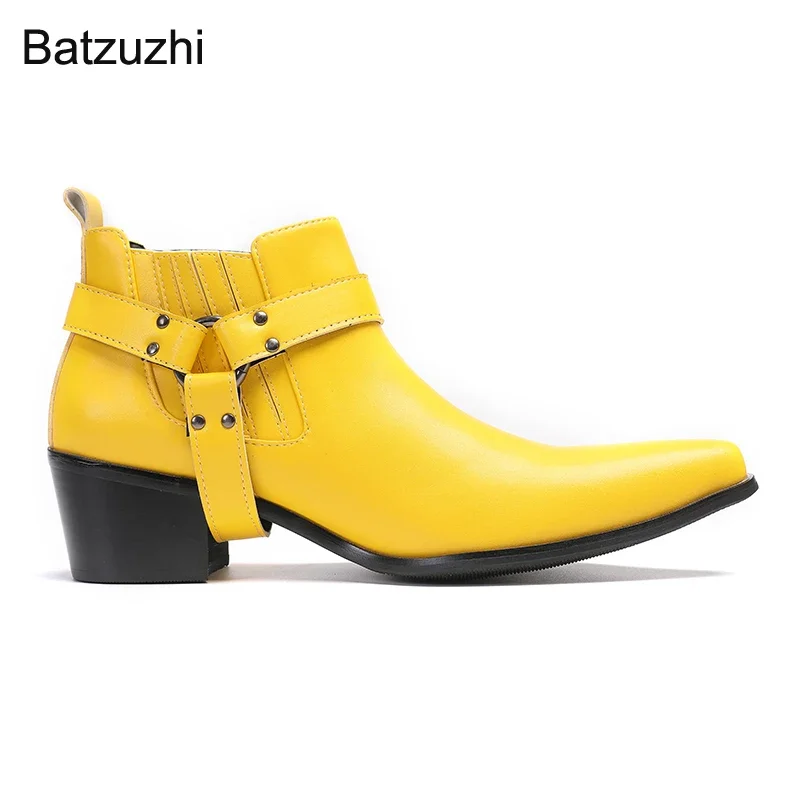 Batzuzhi/ Желтые Мужские Ковбойские ботинки На высоком Каблуке 6,5 см, Кожаные Ботильоны с острым носком для Мужчин, Деловые/Вечерние, Большие Размеры 37-47 2