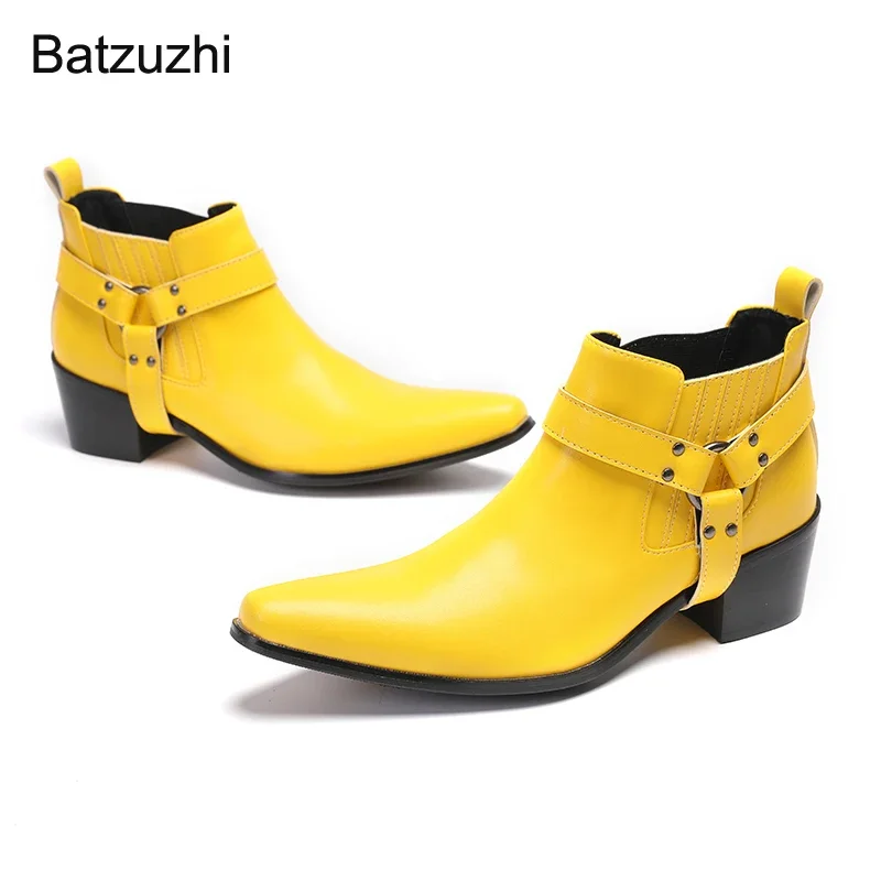 Batzuzhi/ Желтые Мужские Ковбойские ботинки На высоком Каблуке 6,5 см, Кожаные Ботильоны с острым носком для Мужчин, Деловые/Вечерние, Большие Размеры 37-47 3