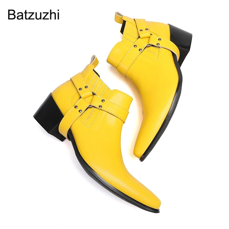 Batzuzhi/ Желтые Мужские Ковбойские ботинки На высоком Каблуке 6,5 см, Кожаные Ботильоны с острым носком для Мужчин, Деловые/Вечерние, Большие Размеры 37-47 4