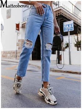 2021 Лето, Новые Женские Повседневные Темпераментные Прямые брюки с рваными дырами, джинсовые брюки с высокой талией, модные уличные джинсы в стиле ретро