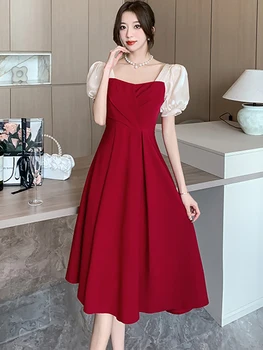 2023 Красное Лоскутное Плиссированное Элегантное Свадебное платье для женщин, Летнее платье с коротким рукавом и квадратным воротником, Корейское Винтажное платье Hepubrn