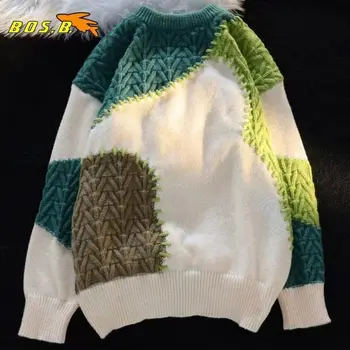 2023 Трикотажный свитер с круглым вырезом, Новые осенне-зимние свитера, Пуловеры контрастного цвета, Мужская брендовая Повседневная мужская одежда F133