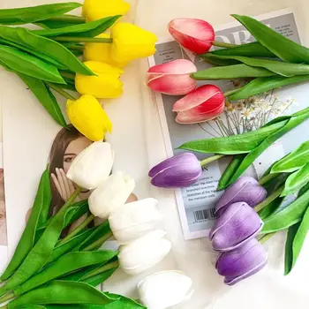 34 см Красочные Тюльпаны Искусственные Цветы Настоящее Прикосновение Дешевые Зеленые Растения Для Сада Стол В Спальне Свадебное Украшение Подарок На Новый Год