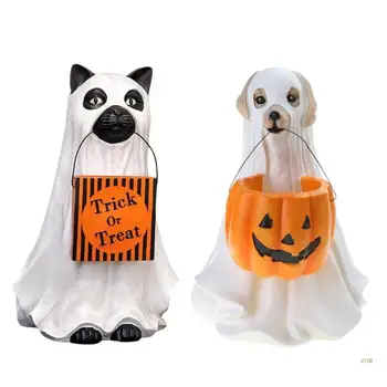 41XB для креативных статуй собаки на Хэллоуин для кошек с тыквенным держателем для конфет, чашей, ведром, украшением из смолы, трюком или угощением, номиналом