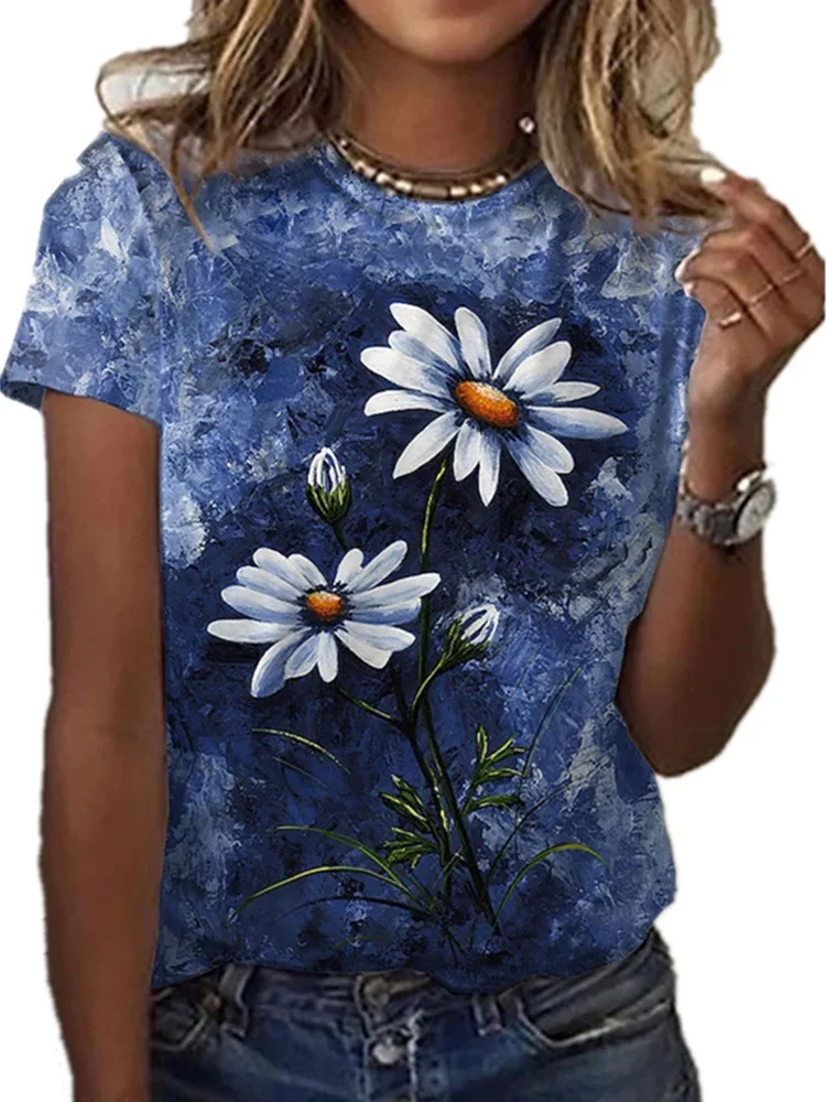 Женские модные футболки с цветочным 3D-принтом, Летние футболки с коротким рукавом, футболки с цветочным рисунком Kawaii, Свободная одежда большого размера 0