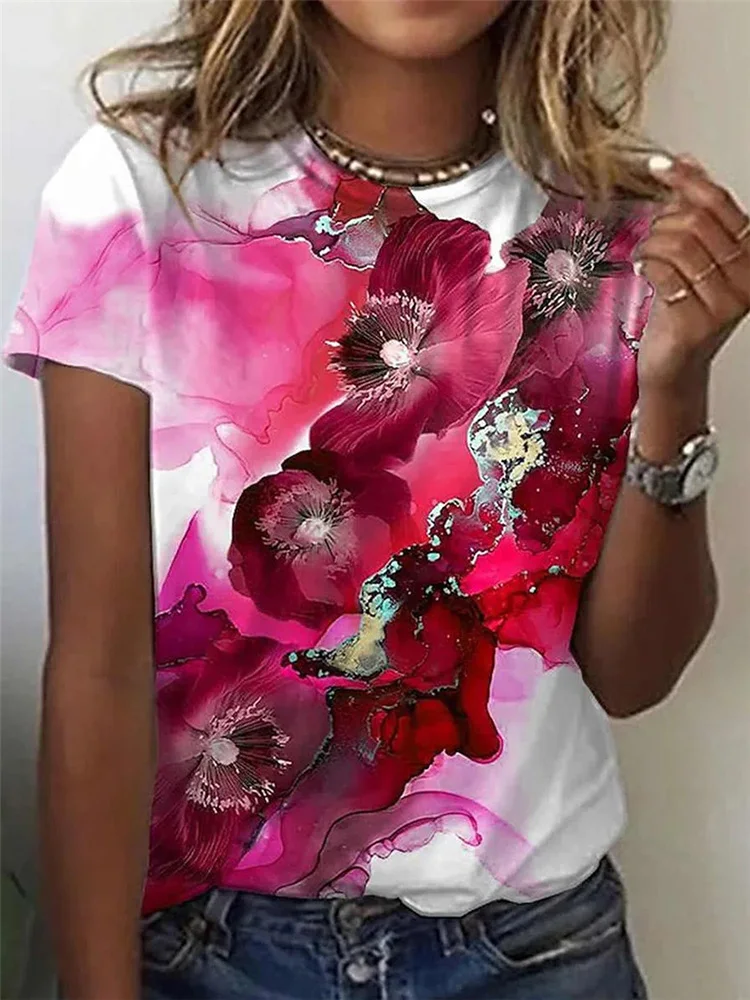 Женские модные футболки с цветочным 3D-принтом, Летние футболки с коротким рукавом, футболки с цветочным рисунком Kawaii, Свободная одежда большого размера 1
