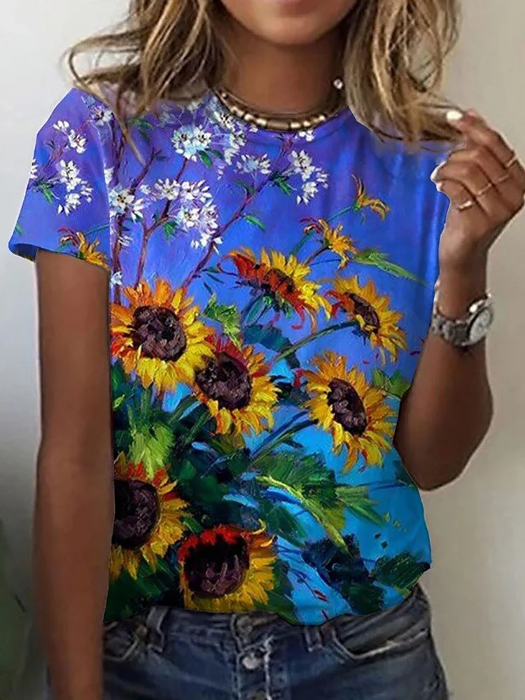 Женские модные футболки с цветочным 3D-принтом, Летние футболки с коротким рукавом, футболки с цветочным рисунком Kawaii, Свободная одежда большого размера 2