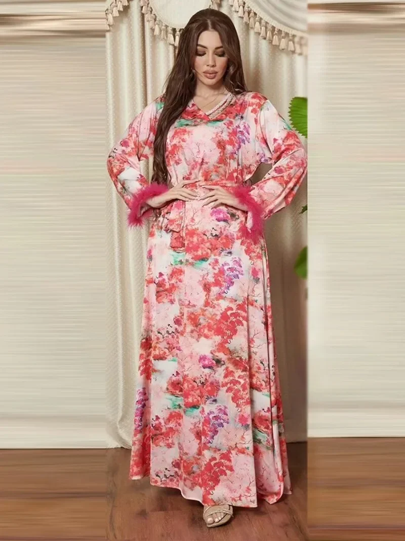 Дубайское модное платье с цветочными перьями и Бриллиантами, Вечернее платье с поясом, Марокканский Африканский женский Кафтан, Мусульманское платье 1