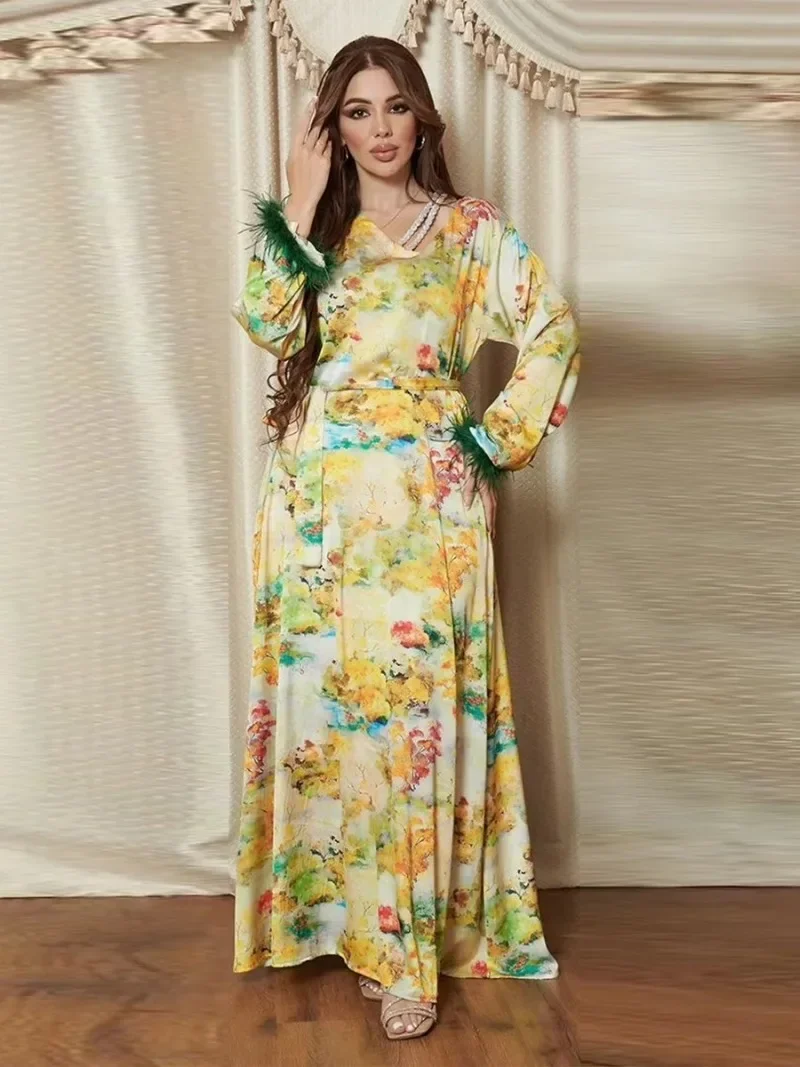 Дубайское модное платье с цветочными перьями и Бриллиантами, Вечернее платье с поясом, Марокканский Африканский женский Кафтан, Мусульманское платье 2