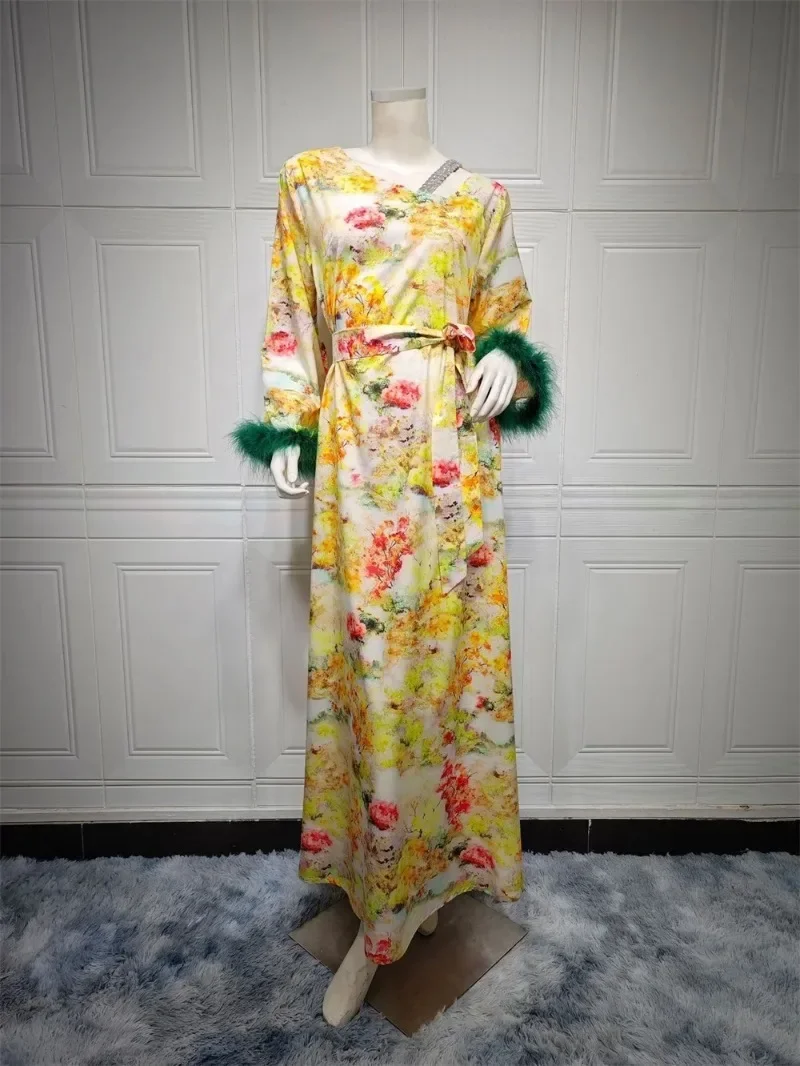 Дубайское модное платье с цветочными перьями и Бриллиантами, Вечернее платье с поясом, Марокканский Африканский женский Кафтан, Мусульманское платье 4