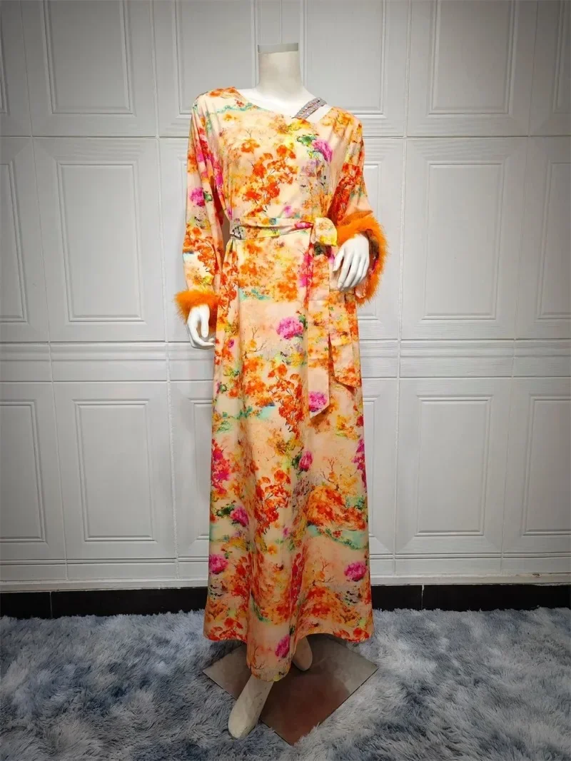 Дубайское модное платье с цветочными перьями и Бриллиантами, Вечернее платье с поясом, Марокканский Африканский женский Кафтан, Мусульманское платье 5