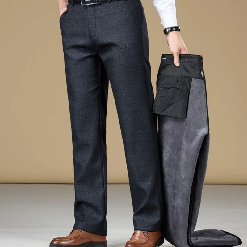 Плотные теплые повседневные брюки для мужчин среднего возраста с флисовой подкладкой, свободные деловые брюки с прямыми штанинами, длинные брюки для папы Pantalon Homme R64 0