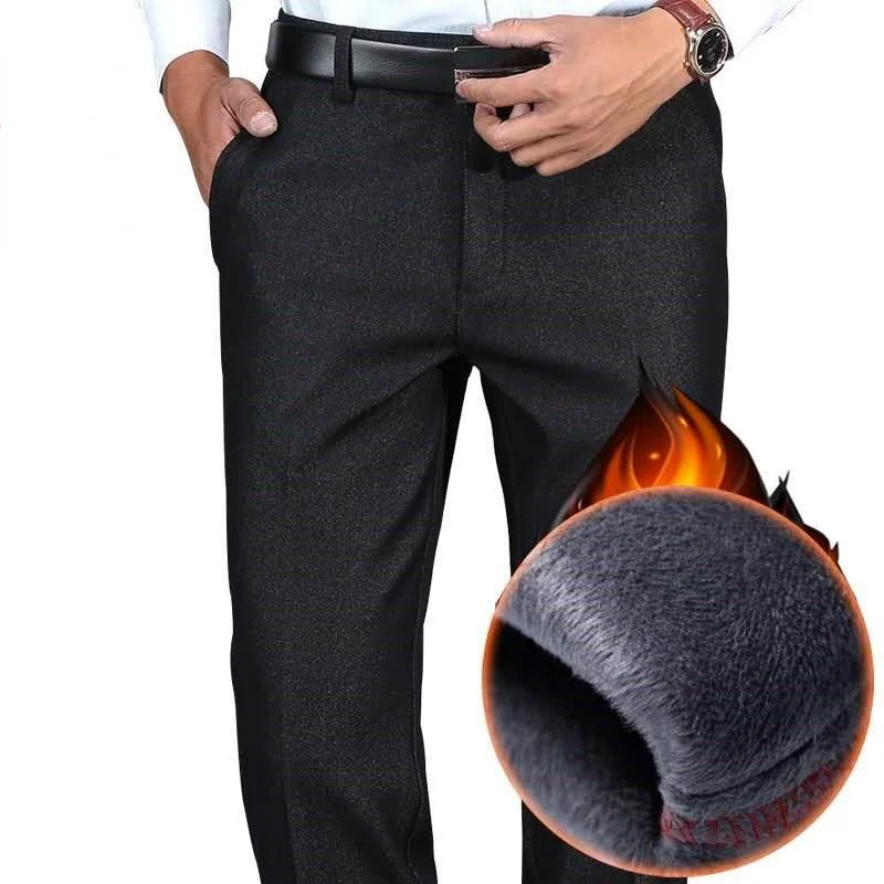 Плотные теплые повседневные брюки для мужчин среднего возраста с флисовой подкладкой, свободные деловые брюки с прямыми штанинами, длинные брюки для папы Pantalon Homme R64 1