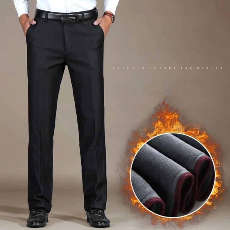 Плотные теплые повседневные брюки для мужчин среднего возраста с флисовой подкладкой, свободные деловые брюки с прямыми штанинами, длинные брюки для папы Pantalon Homme R64 2