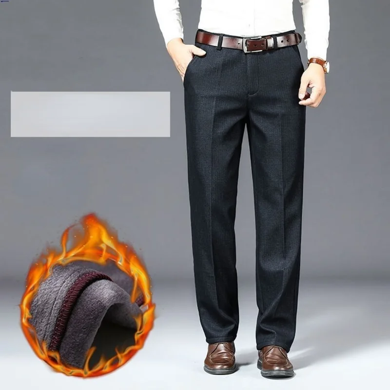 Плотные теплые повседневные брюки для мужчин среднего возраста с флисовой подкладкой, свободные деловые брюки с прямыми штанинами, длинные брюки для папы Pantalon Homme R64 3