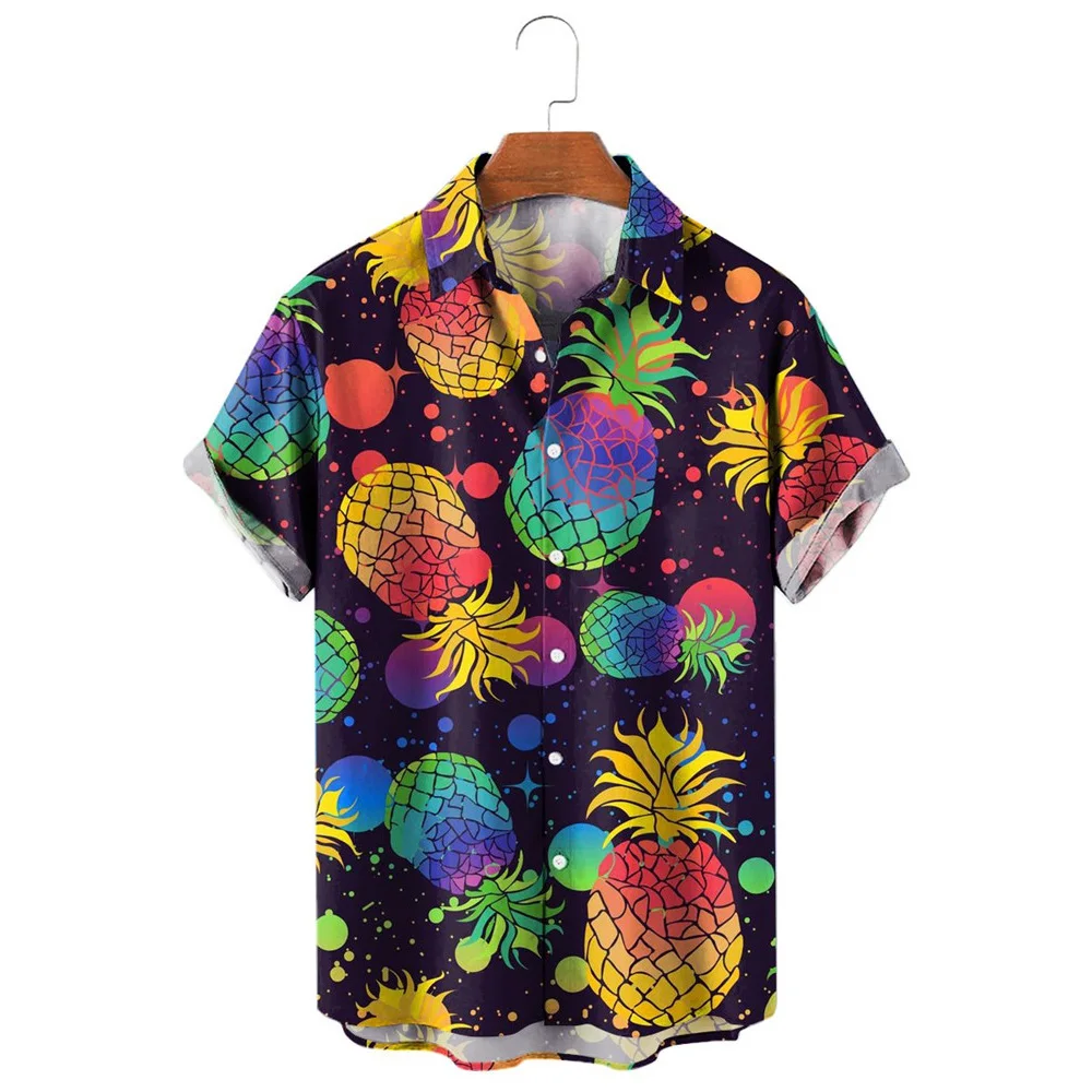 HX Модные мужские рубашки Повседневная рубашка с принтом тропических фруктов и красочного ананаса, пляжная рубашка с коротким рукавом, Camisas Прямая поставка 0