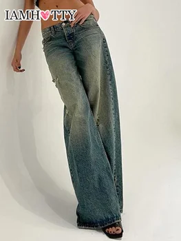 IAMHOTTY Выстиранные винтажные джинсы с широкими штанинами, мешковатые прямые джинсовые брюки с заниженной талией, повседневная уличная одежда в стиле Гранж, шикарный модный наряд
