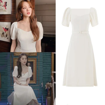 Kpop IU Lee Ji Eun Summer New Party Темпераментное Сексуальное Белое Платье Женская Уличная Одежда Элегантная Мода С Пышными Рукавами Тонкие Длинные Платья