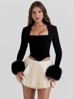 Mozision, элегантный квадратный воротник, рукав с перьями, сексуальная футболка, женские модные черные короткие корсетные топы, женские клубные вечерние Сексуальные топы