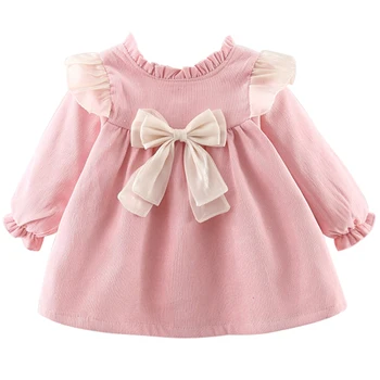 Весенне-осенняя одежда для маленьких девочек, Корейский Милый бант, хлопковая сетка, Роскошные платья для дня рождения, Розовое платье принцессы для новорожденных BC1431