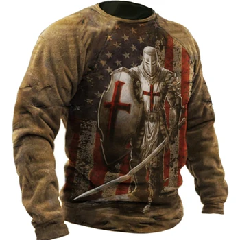 Винтажные футболки Мужская хлопковая футболка с длинными рукавами Crusader Knight Графические топы 3xl Футболка с 3D принтом Повседневная одежда О-образным вырезом Оверсайз