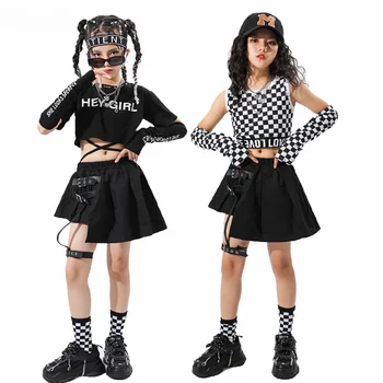Детский комплект в стиле хип-хоп для девочек, клетчатый укороченный топ, юбка на бретельках, детская уличная одежда, джазовый комплект, футболка, детские летние костюмы
