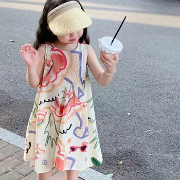 Детское платье-футболка, детский мини-повседневный костюм, летняя модная юбка для девочек, Корейское платье, одежда с рисунками из мультфильмов
