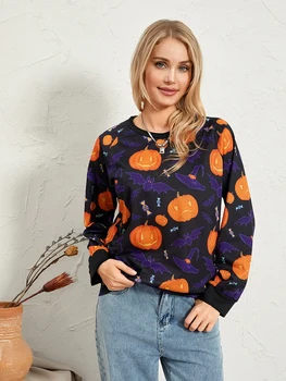 Женская футболка на Хэллоуин с круглым вырезом и тыквенным принтом, повседневный свободный пуловер, осенние топы