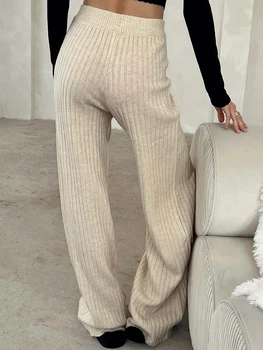 Женские широкие брюки из цельного ребристого трикотажа с эластичной резинкой на талии, широкие брюки-свитера спереди, Длинные брюки Palazzo Lounge