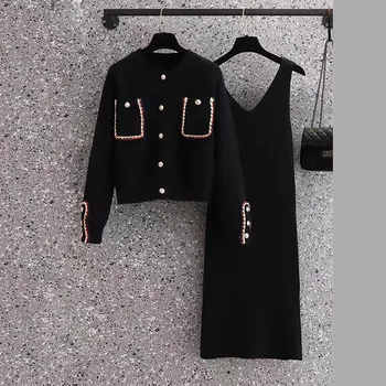 Женский весенне-осенний модный вязаный свитер 2023 года + платье на бретельках, Корейский элегантный новый комплект из двух предметов, женский костюм с юбкой