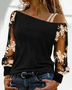 Женский модный топ с открытыми плечами с цветочными блестками, полупрозрачная сетчатая нашивка, Темпераментная новая женская повседневная футболка с длинным рукавом