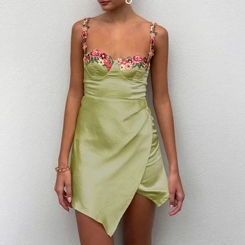 Женское летнее платье-комбинация без рукавов с открытой спиной и цветочной вышивкой, Элегантное платье с разрезом, Нерегулярное мини-платье для праздничной вечеринки
