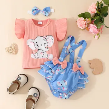 Комплекты одежды из 3 предметов для маленьких девочек, топы с рисунком мультяшного слона в рубчик, футболка, Подтяжки с бантом, Шорты, повязки на голову, Комплект одежды