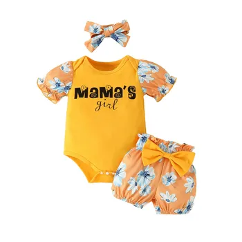 Комплекты шорт из 3 предметов для новорожденной девочки, летняя одежда, боди с коротким рукавом и шорты с бантом, комплект повязки на голову, одежда для младенцев