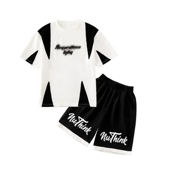 Летний комплект одежды для мальчиков, модные Свободные белые / черные футболки с коротким рукавом и спортивные шорты, хлопковая спортивная одежда с буквенным принтом