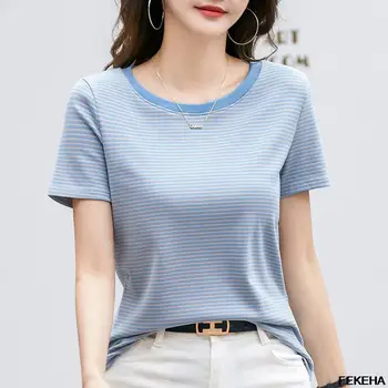 Летняя женская футболка в полоску с круглым вырезом, хлопковая женская футболка, женская одежда
